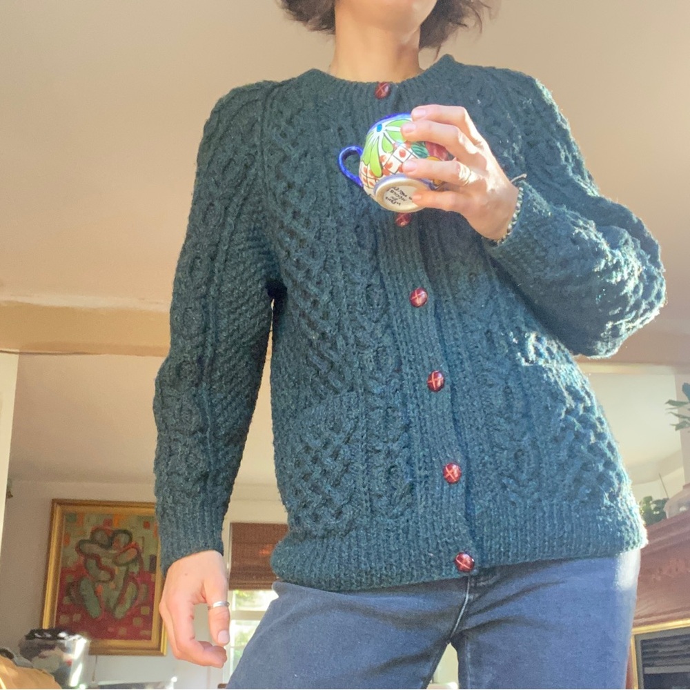 Vtg Blarney Woollen Mills wool Aran handknit Cable Sweater green Ireland